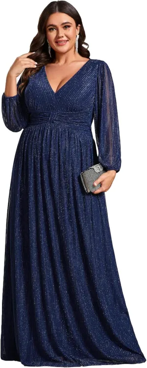 Ever-Pretty Women's Glitter Long Sleeves V Neck Pleated Empire Waist Floor Length Plus Size Ball Gown Formal Dresses 01961-DA
