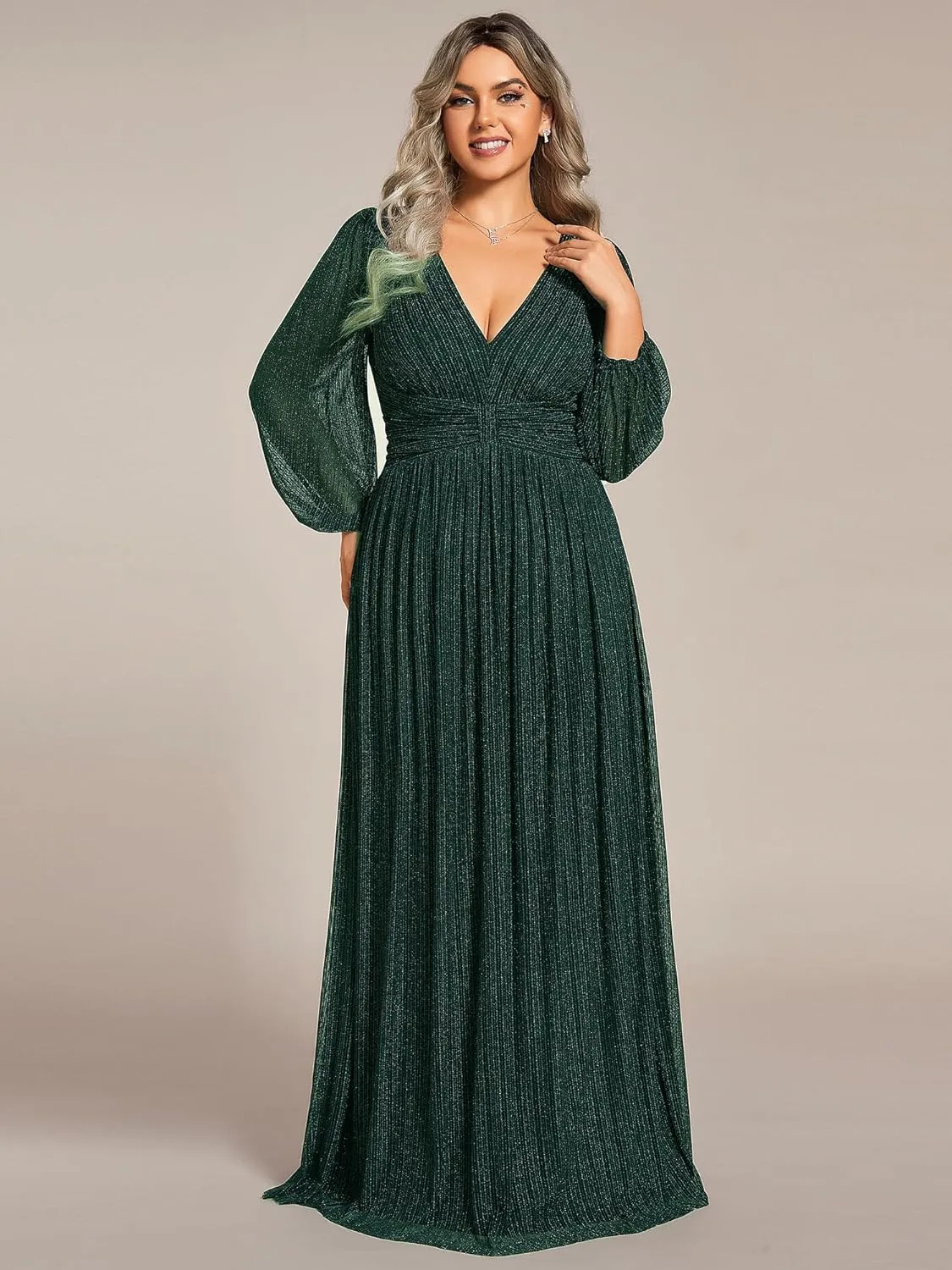 Ever-Pretty Women's Glitter Long Sleeves V Neck Pleated Empire Waist Floor Length Plus Size Ball Gown Formal Dresses 01961-DA