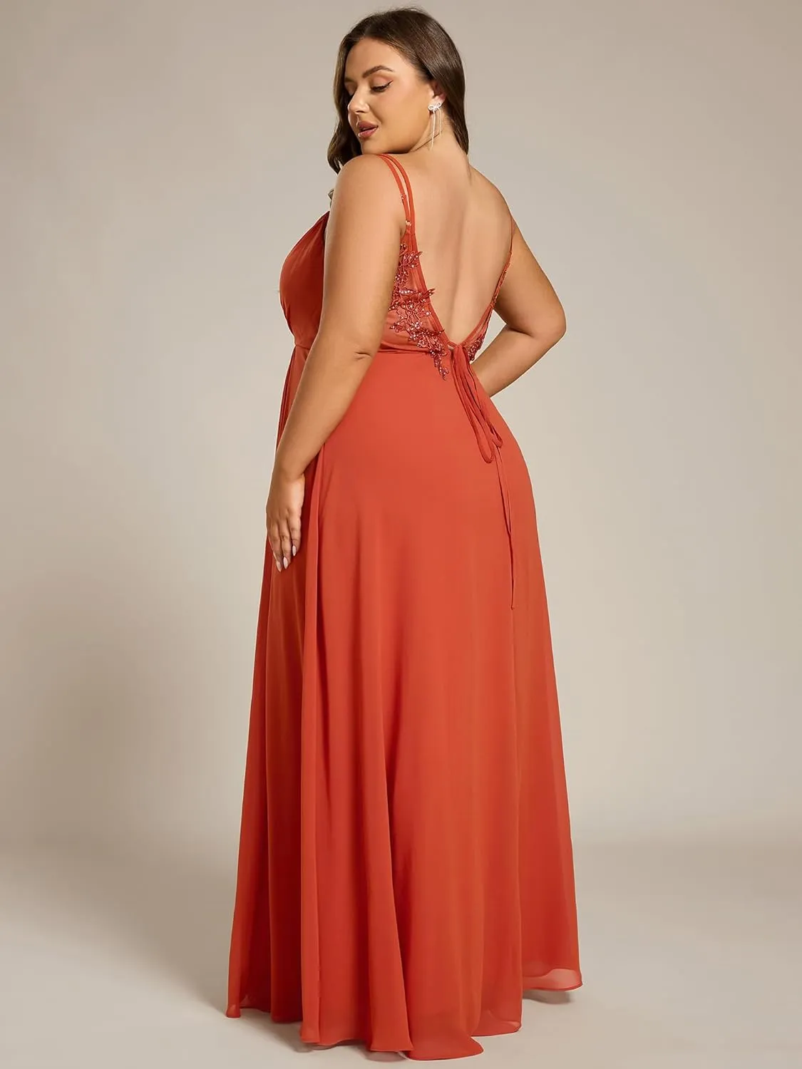 Ever-Pretty Women's Pleated Backless Applique V Neck A Line Chiffon Sleeveless Plus Size Bridesmaid Dresses 01692-DA