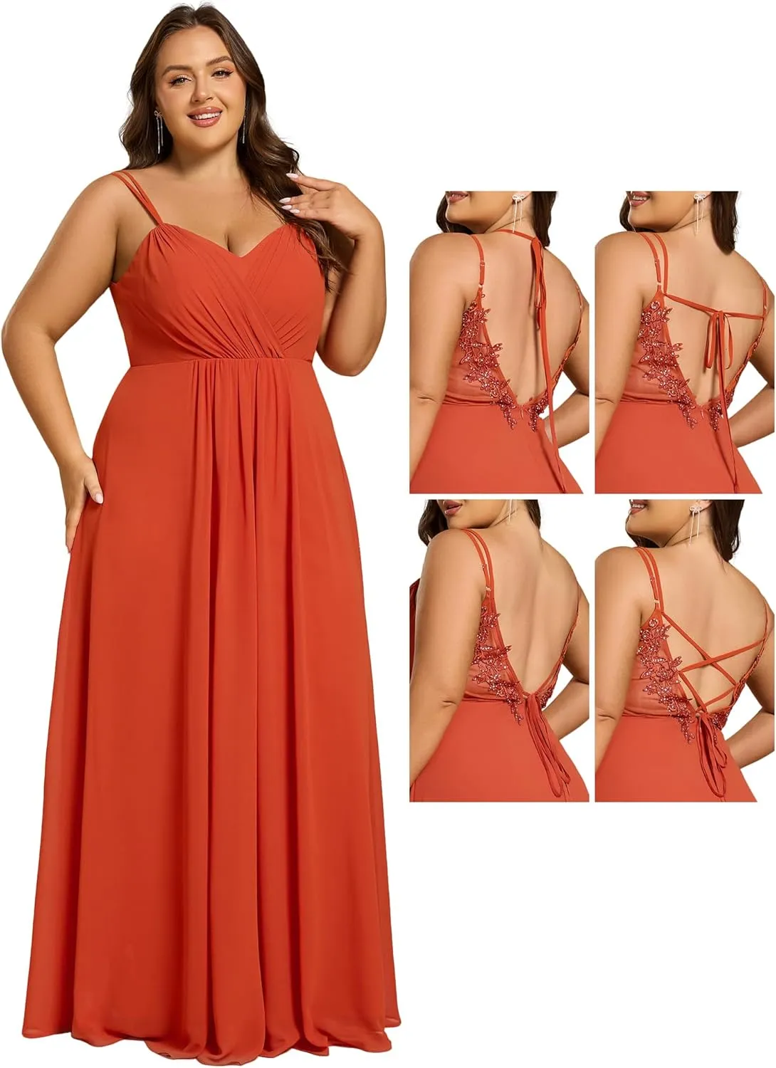 Ever-Pretty Women's Pleated Backless Applique V Neck A Line Chiffon Sleeveless Plus Size Bridesmaid Dresses 01692-DA