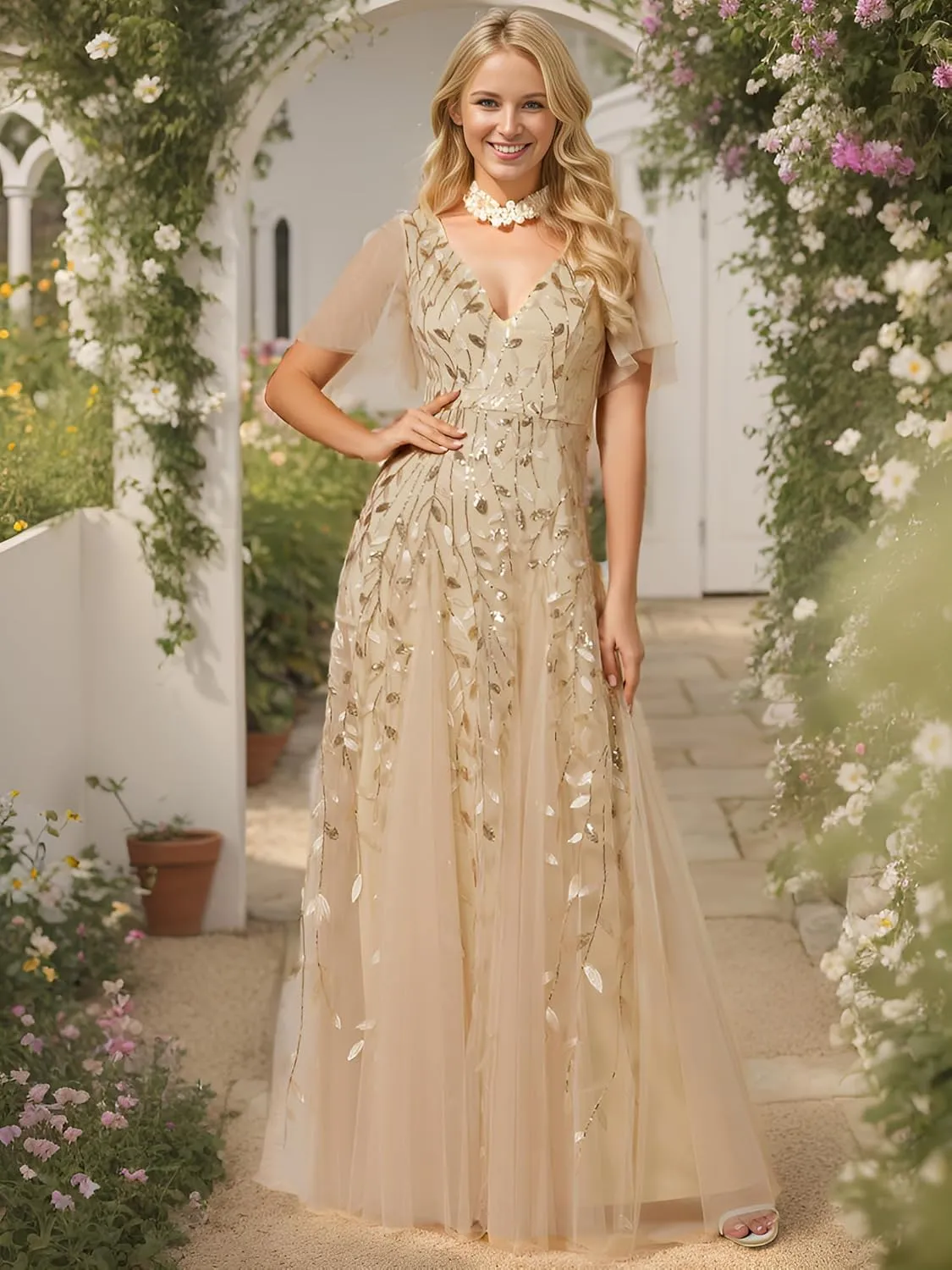 Ever-Pretty Women's Sequin Sparkly V-Neck Short Sleeve Maxi Evening Dress 00734