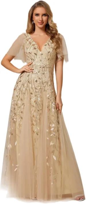 Ever-Pretty Women's Sequin Sparkly V-Neck Short Sleeve Maxi Evening Dress 00734