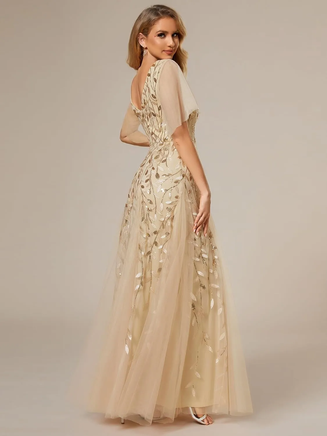 Ever-Pretty Women's Sequin Sparkly V-Neck Short Sleeve Maxi Evening Dress 00734
