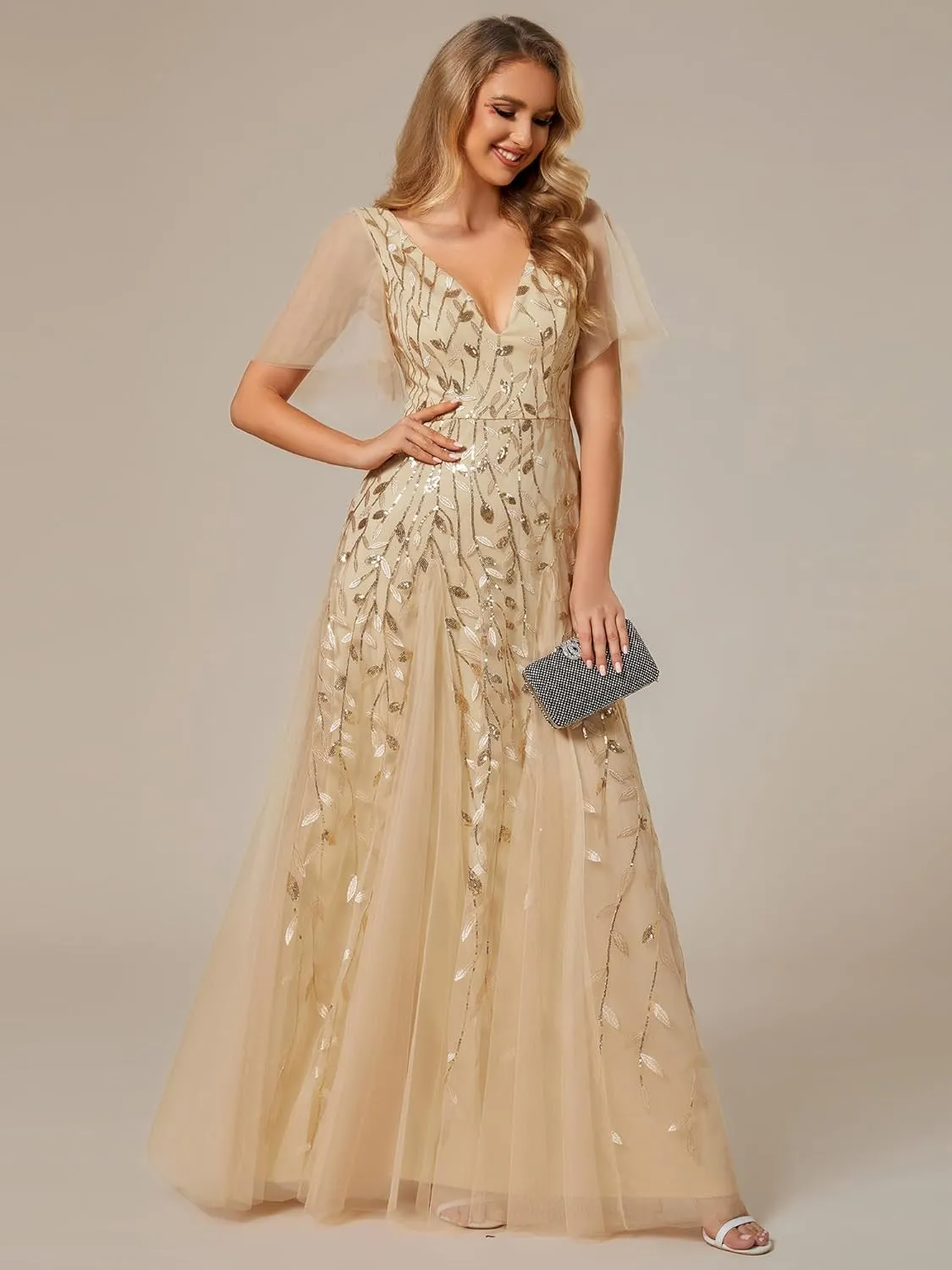 Ever-Pretty Women's Sequin Sparkly V-Neck Short Sleeve Maxi Evening Dress 00734