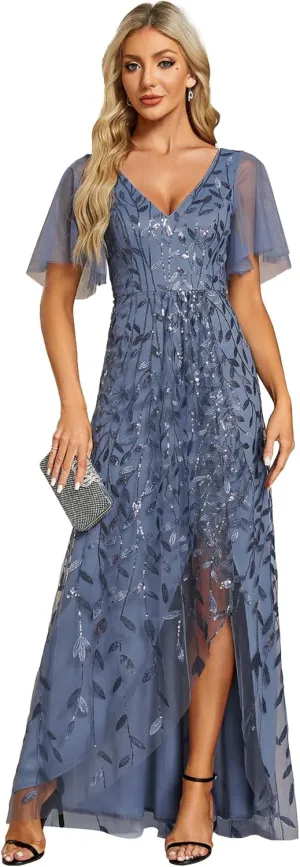 Ever-Pretty Women's Shimmery Formal Dress V Neck Sequins A-Line Side Slit Elegant Long Evening Dresses 02083