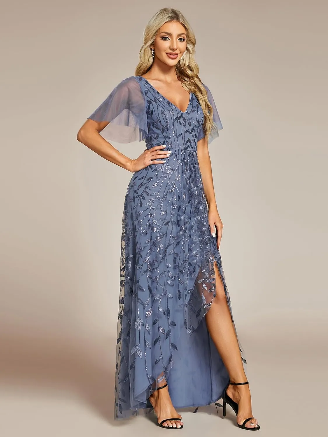 Ever-Pretty Women's Shimmery Formal Dress V Neck Sequins A-Line Side Slit Elegant Long Evening Dresses 02083