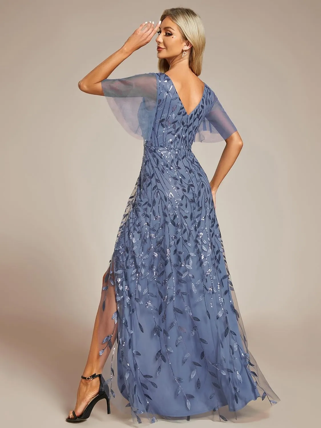 Ever-Pretty Women's Shimmery Formal Dress V Neck Sequins A-Line Side Slit Elegant Long Evening Dresses 02083