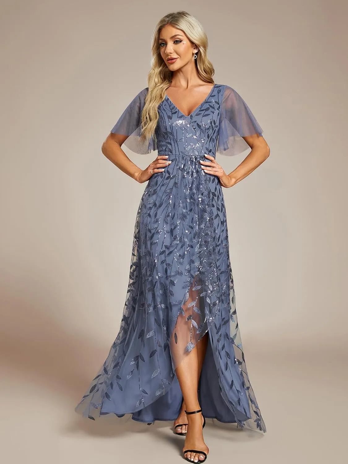 Ever-Pretty Women's Shimmery Formal Dress V Neck Sequins A-Line Side Slit Elegant Long Evening Dresses 02083