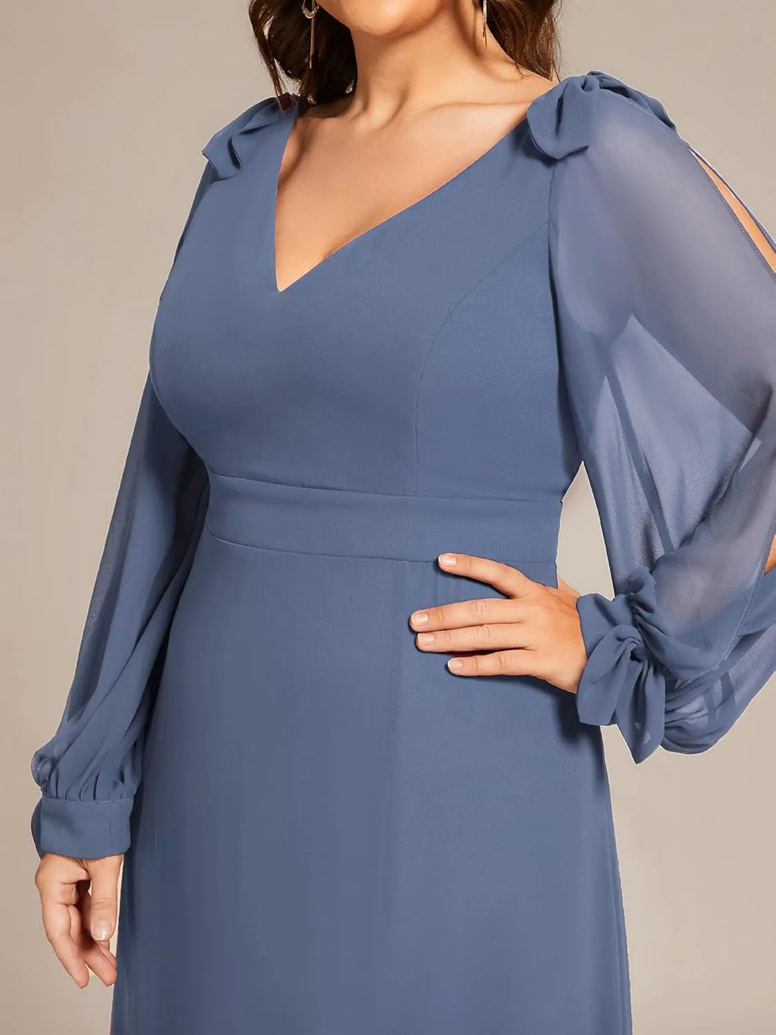 Ever-Pretty Women's V-Neck Elegant Chiffon Long Sleeve Plus Size Side Slit Formal Dress 80116-DA