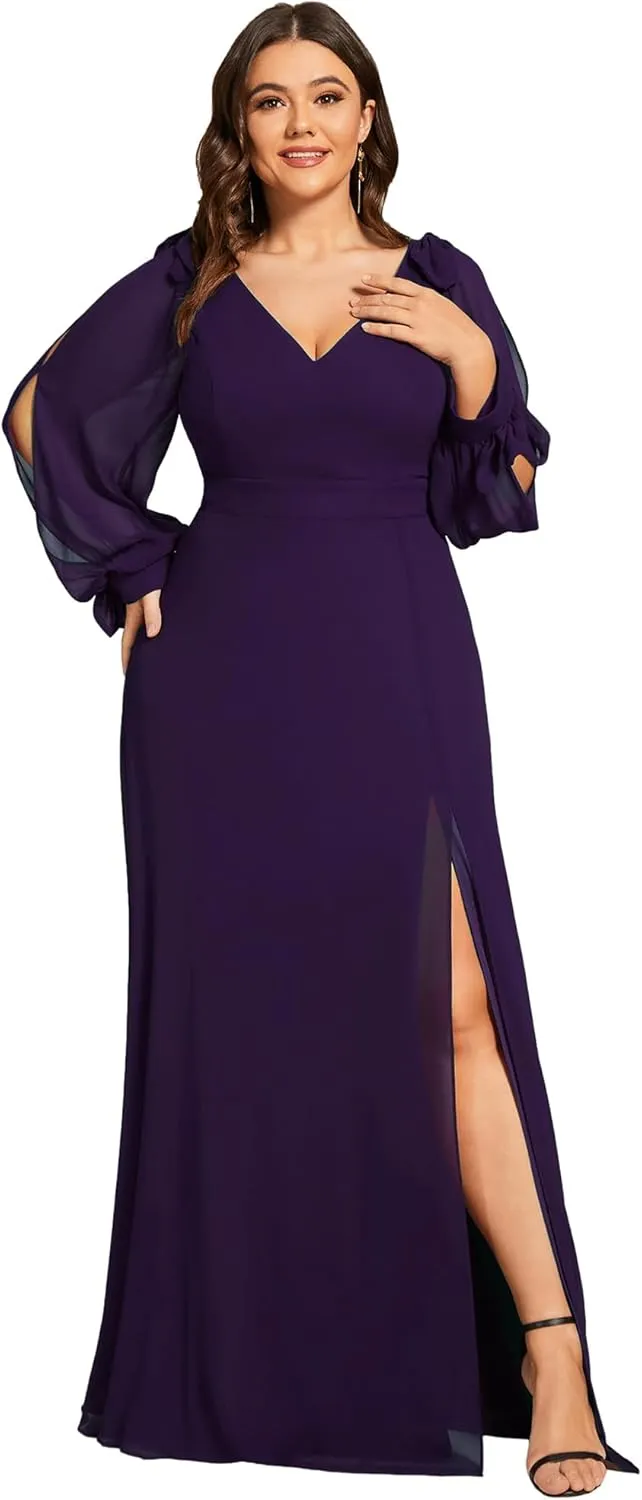 Ever-Pretty Women's V-Neck Elegant Chiffon Long Sleeve Plus Size Side Slit Formal Dress 80116-DA
