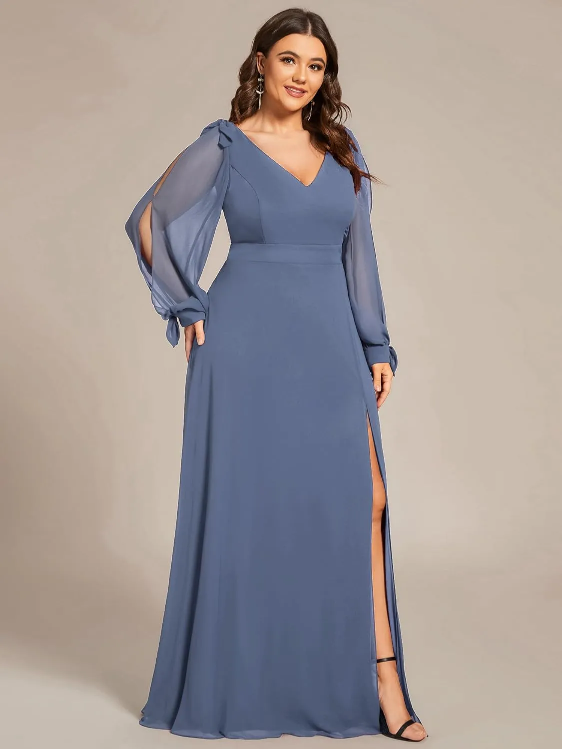 Ever-Pretty Women's V-Neck Elegant Chiffon Long Sleeve Plus Size Side Slit Formal Dress 80116-DA