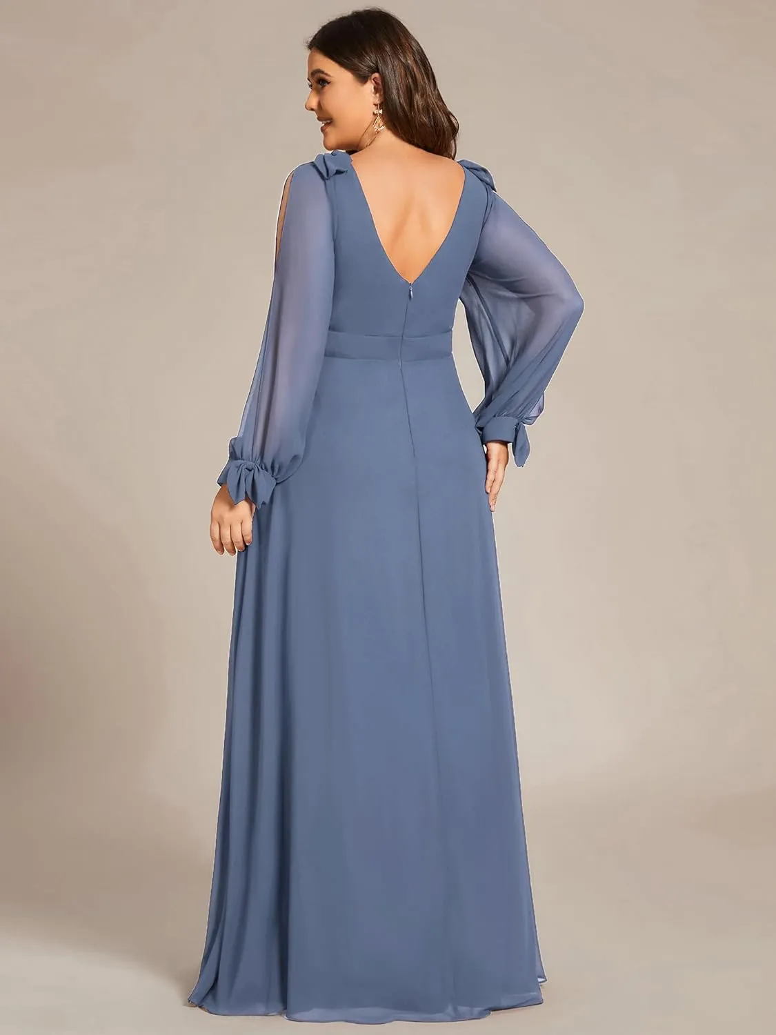 Ever-Pretty Women's V-Neck Elegant Chiffon Long Sleeve Plus Size Side Slit Formal Dress 80116-DA