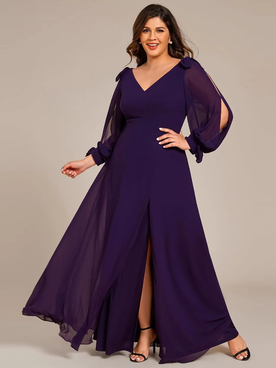 Ever-Pretty Women's V-Neck Elegant Chiffon Long Sleeve Plus Size Side Slit Formal Dress 80116-DA