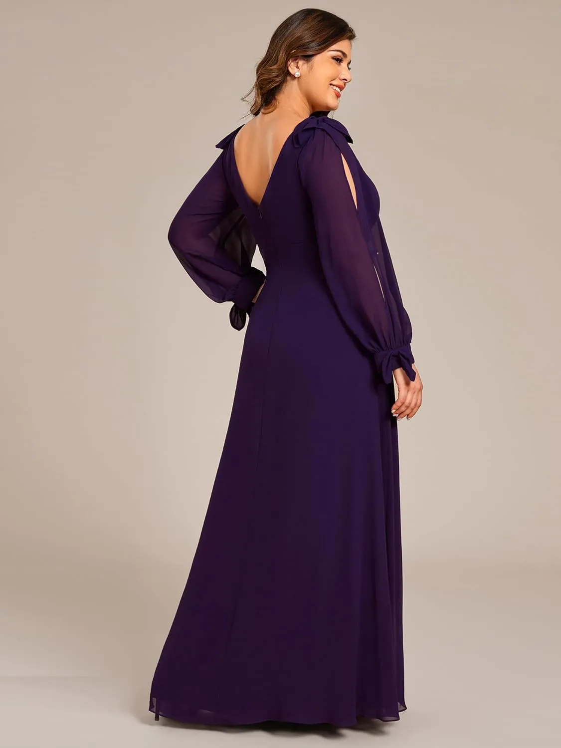 Ever-Pretty Women's V-Neck Elegant Chiffon Long Sleeve Plus Size Side Slit Formal Dress 80116-DA