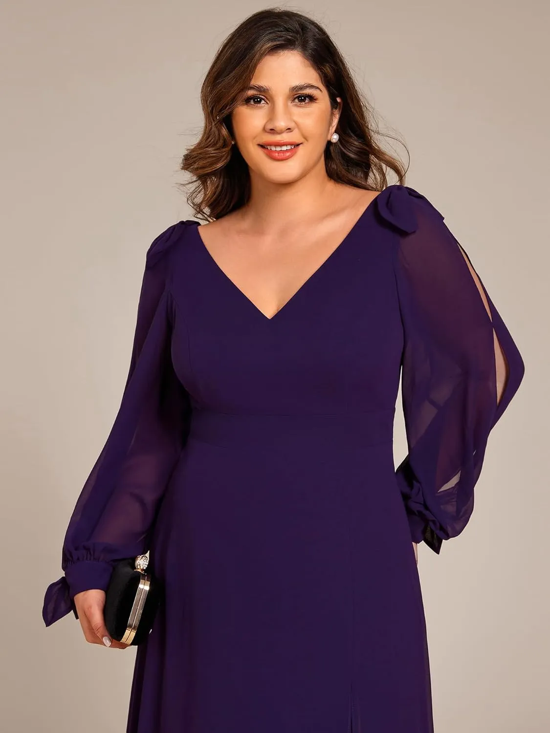Ever-Pretty Women's V-Neck Elegant Chiffon Long Sleeve Plus Size Side Slit Formal Dress 80116-DA