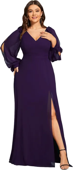 Ever-Pretty Women's V-Neck Elegant Chiffon Long Sleeve Plus Size Side Slit Formal Dress 80116-DA