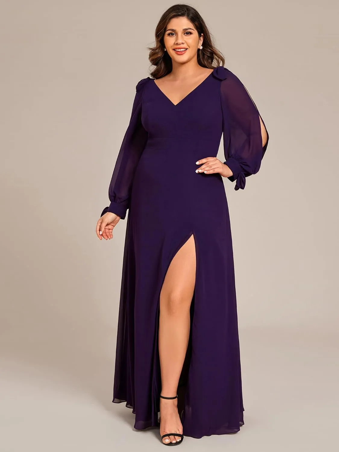 Ever-Pretty Women's V-Neck Elegant Chiffon Long Sleeve Plus Size Side Slit Formal Dress 80116-DA