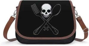 Evil Spoon and Fork Skull Bone Cute Crossbody Purses for Women Leather Shoulder Bag Adjustable Shoulder Strap Handbag