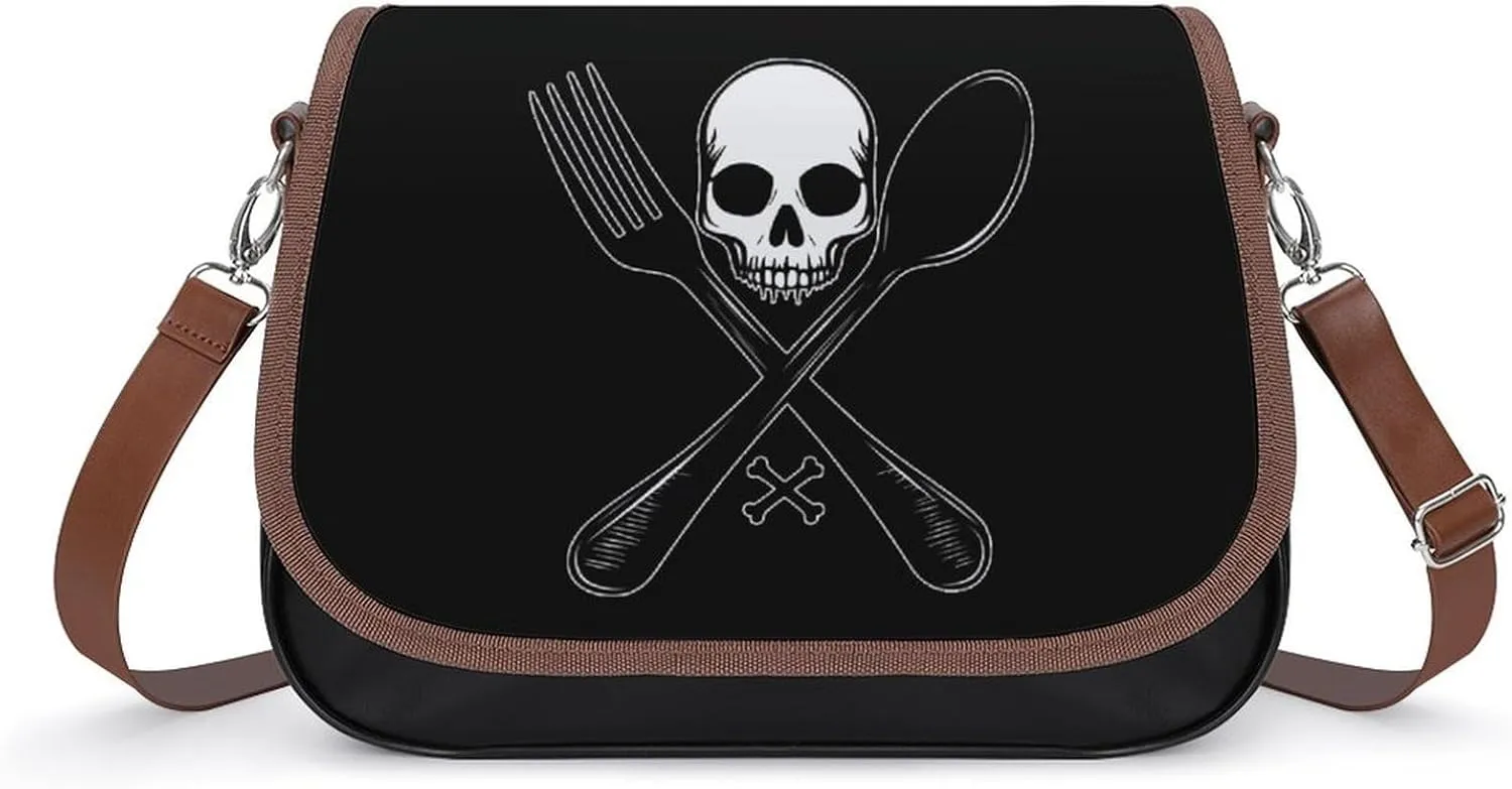 Evil Spoon and Fork Skull Bone Cute Crossbody Purses for Women Leather Shoulder Bag Adjustable Shoulder Strap Handbag