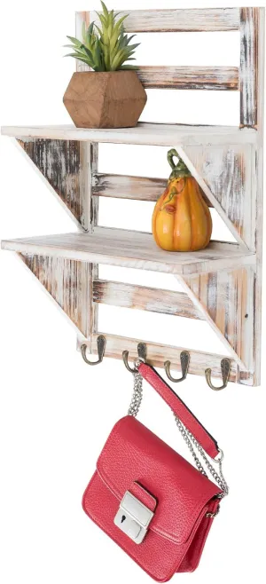 Excello Global Products 2-Tier Rustic Whitewashed Mounted Wood Wall Shelf with Shabby Chic, Farmouse Decor with 4 Hooks. Perfect For Any Room