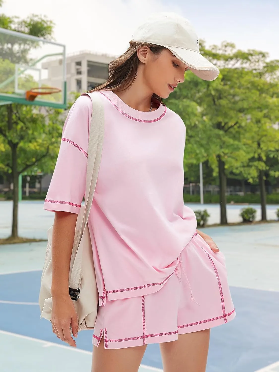 EXLURA Women's Casual Summer 2 Piece Sets 100% Cotton Short Sleeve Tshirt and Shorts Matching Sweatsuits Lounge Set 2025