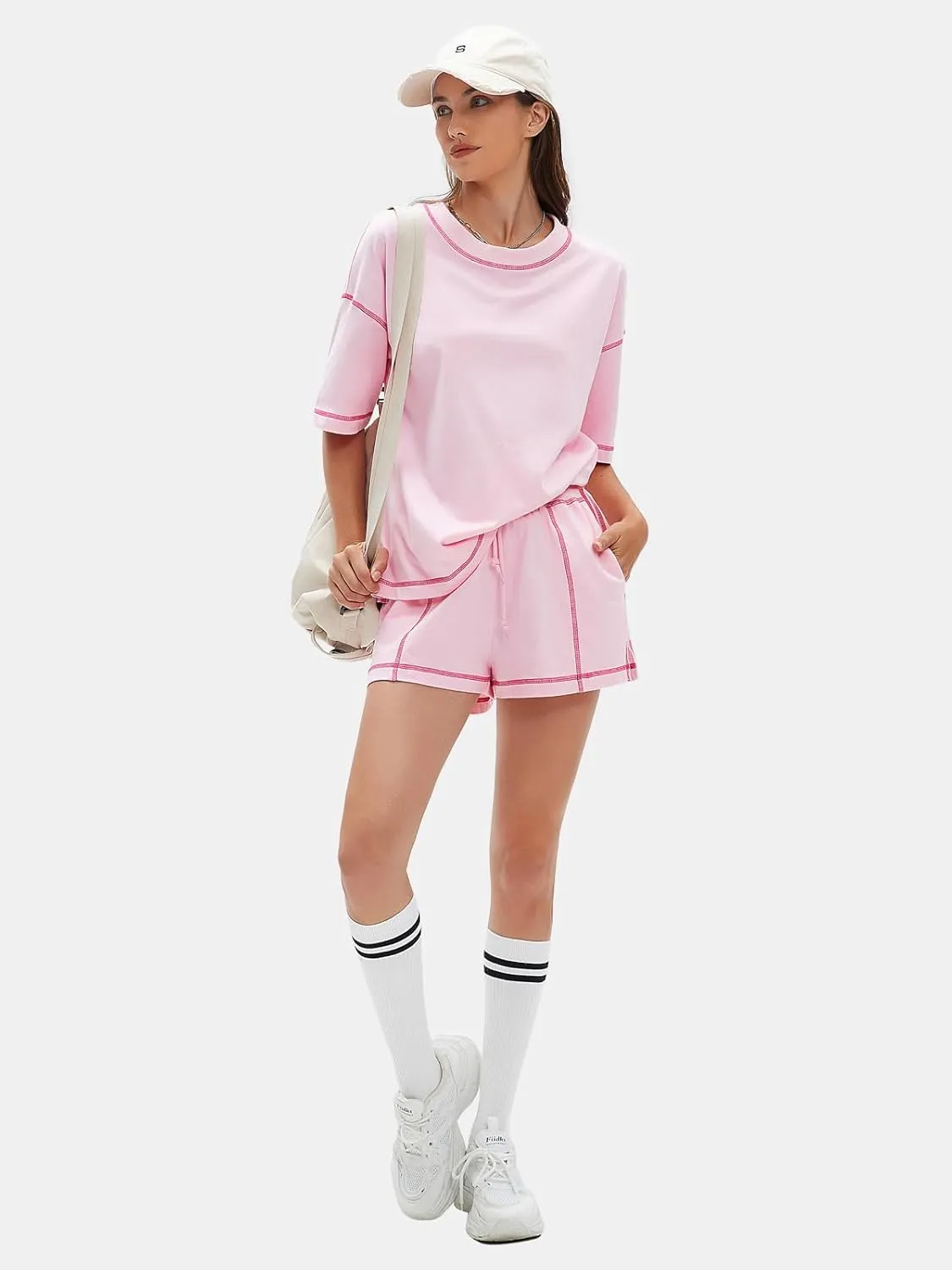 EXLURA Women's Casual Summer 2 Piece Sets 100% Cotton Short Sleeve Tshirt and Shorts Matching Sweatsuits Lounge Set 2025