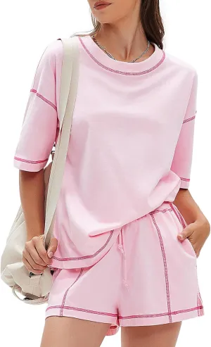 EXLURA Women's Casual Summer 2 Piece Sets 100% Cotton Short Sleeve Tshirt and Shorts Matching Sweatsuits Lounge Set 2025