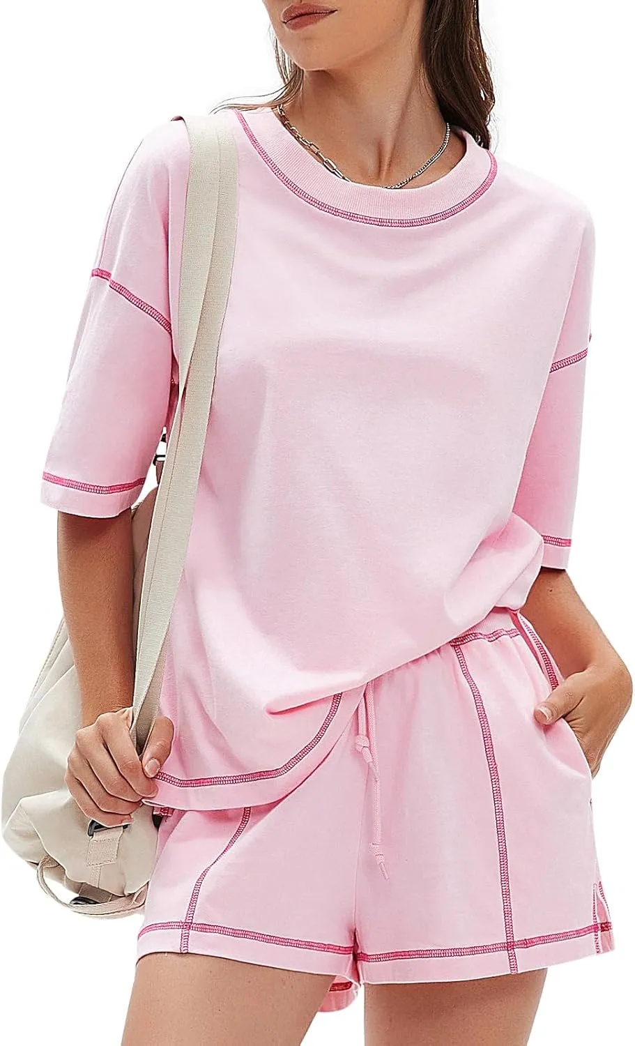 EXLURA Women's Casual Summer 2 Piece Sets 100% Cotton Short Sleeve Tshirt and Shorts Matching Sweatsuits Lounge Set 2025