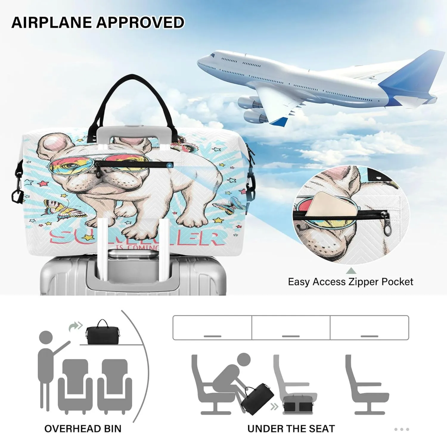 Exnundod Women Weekender Bags Summer Bull Dog Travel Duffel Bags Carry On Overnight Bag Butterfly Stars Large Hospital Tote Luggage
