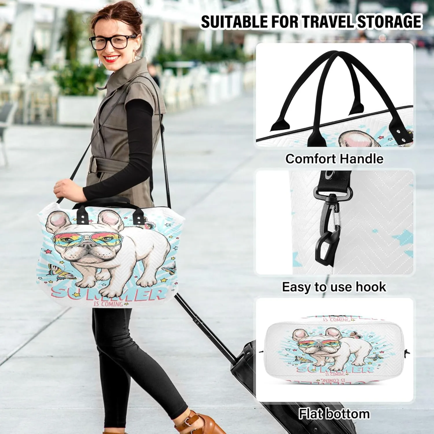 Exnundod Women Weekender Bags Summer Bull Dog Travel Duffel Bags Carry On Overnight Bag Butterfly Stars Large Hospital Tote Luggage