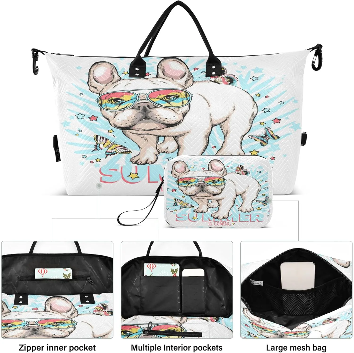 Exnundod Women Weekender Bags Summer Bull Dog Travel Duffel Bags Carry On Overnight Bag Butterfly Stars Large Hospital Tote Luggage