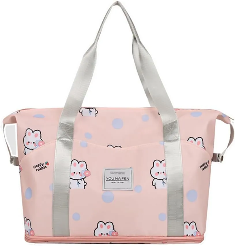 Expandable Travel Duffle Tote Bag Waterproof Carry-on Sports Gym Bags Foldable Lightweight Overnight Weekender Bag with Trolley Sleeve （Pink Rabbit）