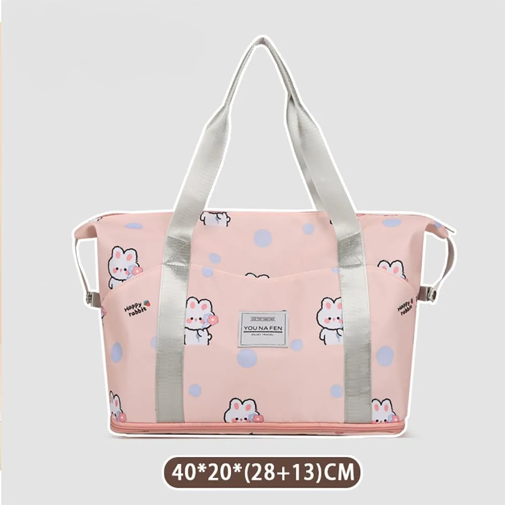 Expandable Travel Duffle Tote Bag Waterproof Carry-on Sports Gym Bags Foldable Lightweight Overnight Weekender Bag with Trolley Sleeve （Pink Rabbit）