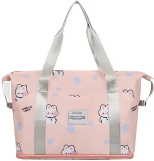 Expandable Travel Duffle Tote Bag Waterproof Carry-on Sports Gym Bags Foldable Lightweight Overnight Weekender Bag with Trolley Sleeve （Pink Rabbit）
