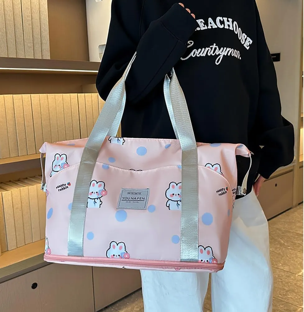 Expandable Travel Duffle Tote Bag Waterproof Carry-on Sports Gym Bags Foldable Lightweight Overnight Weekender Bag with Trolley Sleeve （Pink Rabbit）