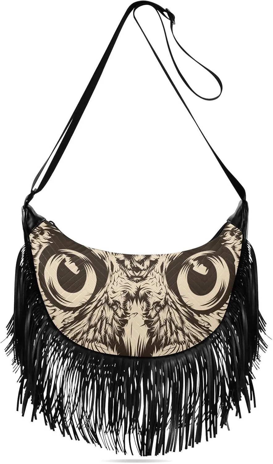 Face-owl-print Women Tassel Fringe Shoulder bag, Fringe Purse Crossbody, Women Tassel Hobo Bag with Zipper