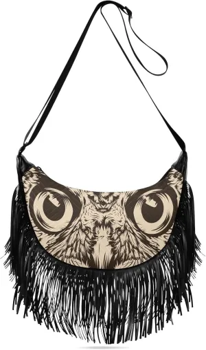 Face-owl-print Women Tassel Fringe Shoulder bag, Fringe Purse Crossbody, Women Tassel Hobo Bag with Zipper