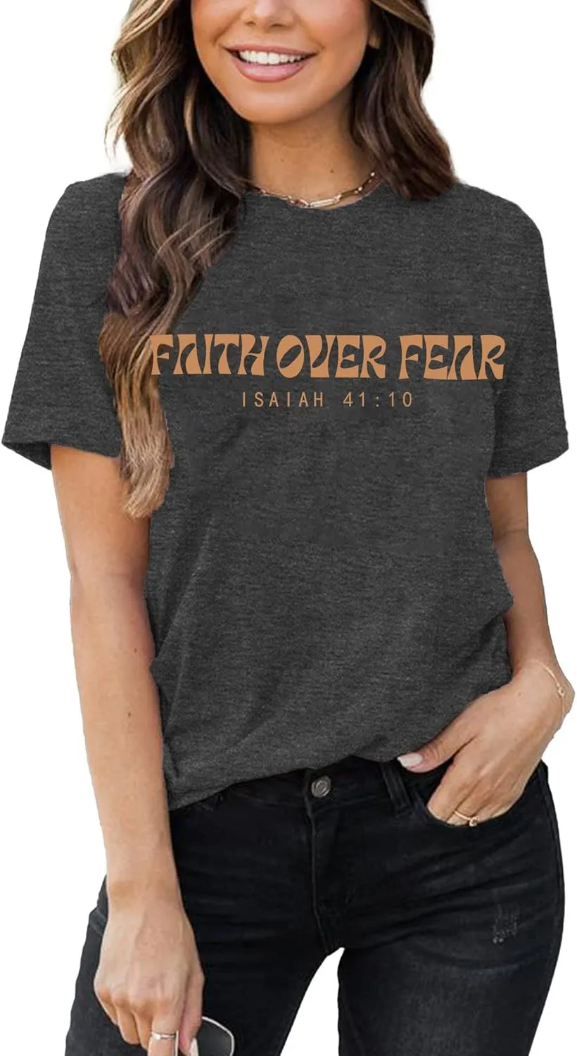 Faith Over Fear Shirt Womens Christian Tshirts Religious Sayings Tees Vintage Bible Verse Inspirational Tee Tops