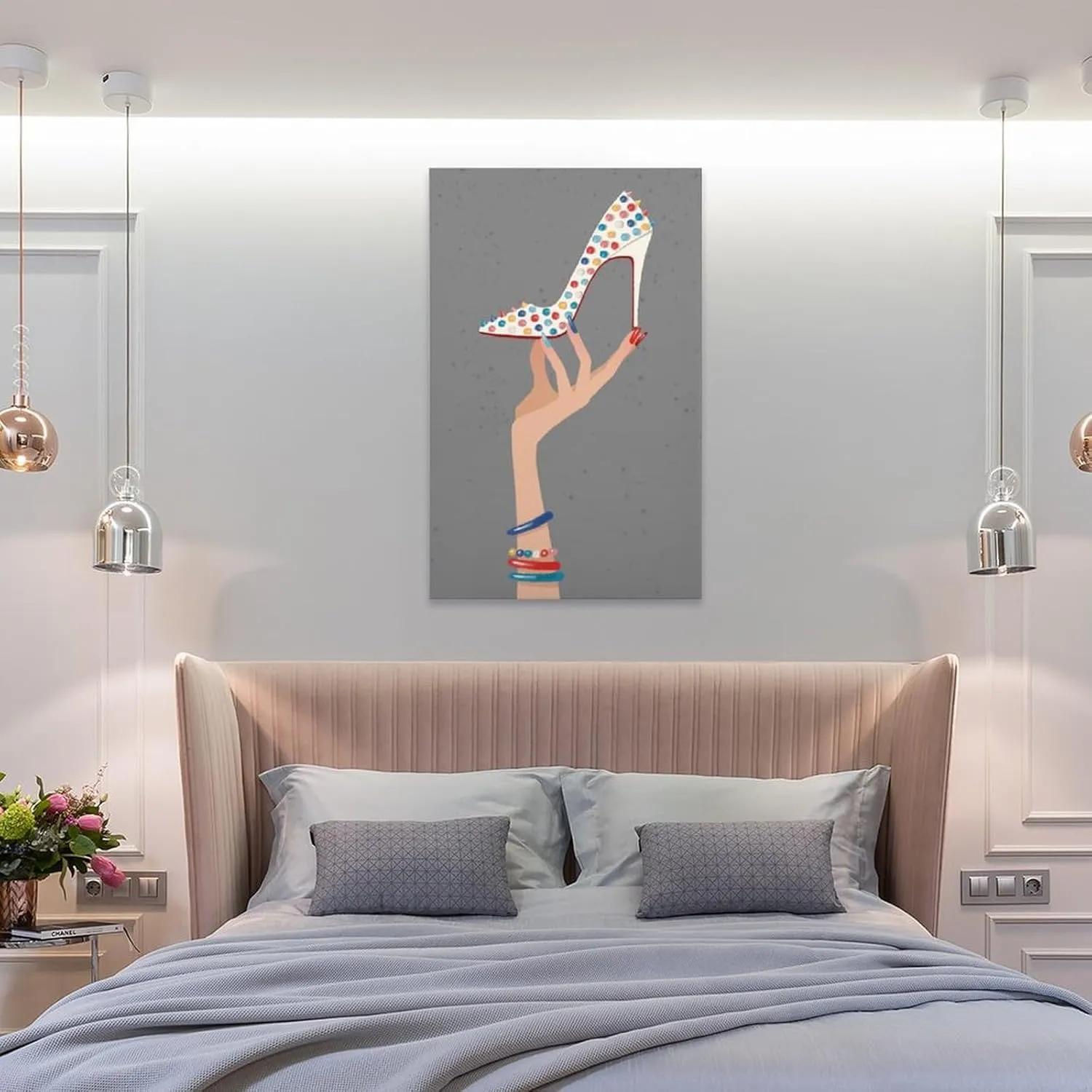 Fashion high heels canvas painting of hand wearing colorful bracelet holding rainbow white bottom high heels ladies room wall art decoration 16x24inch(40x60cm) unframed