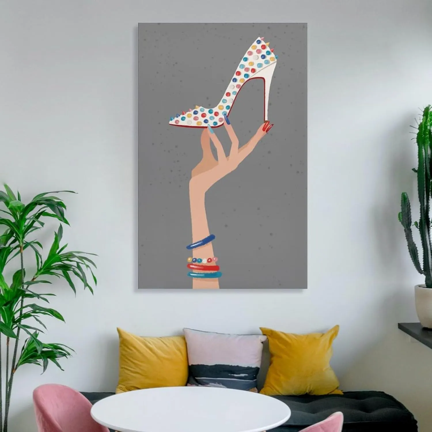 Fashion high heels canvas painting of hand wearing colorful bracelet holding rainbow white bottom high heels ladies room wall art decoration 16x24inch(40x60cm) unframed