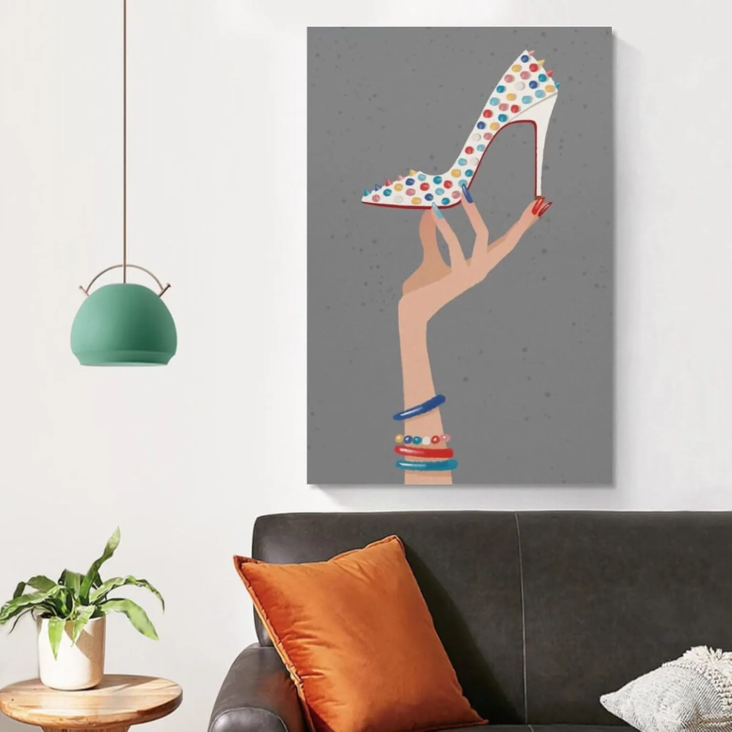 Fashion high heels canvas painting of hand wearing colorful bracelet holding rainbow white bottom high heels ladies room wall art decoration 16x24inch(40x60cm) unframed