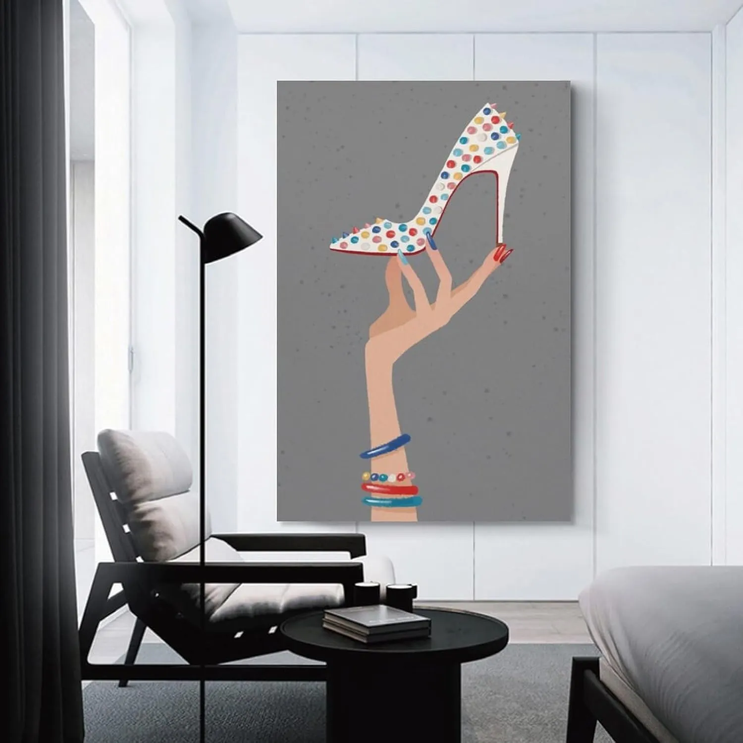 Fashion high heels canvas painting of hand wearing colorful bracelet holding rainbow white bottom high heels ladies room wall art decoration 16x24inch(40x60cm) unframed