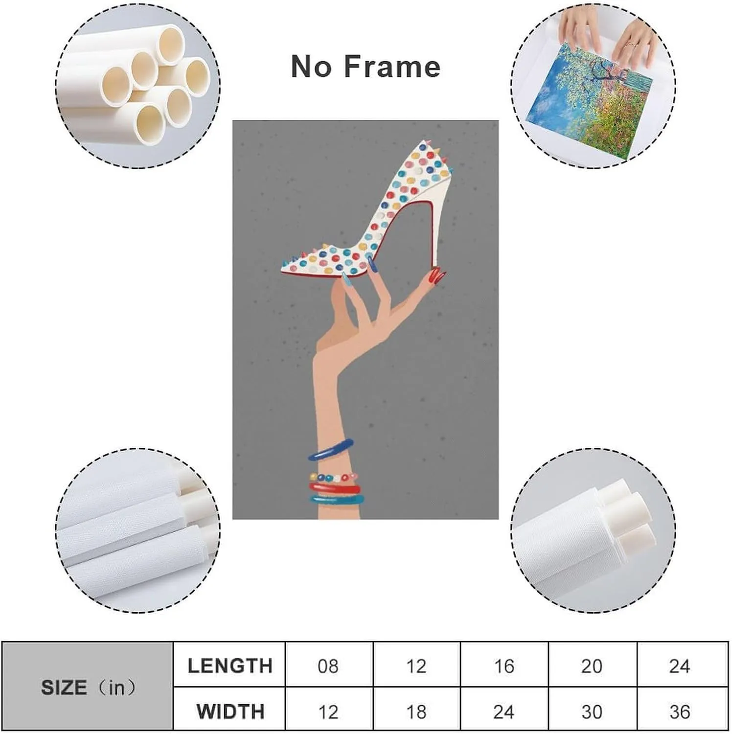 Fashion high heels canvas painting of hand wearing colorful bracelet holding rainbow white bottom high heels ladies room wall art decoration 16x24inch(40x60cm) unframed