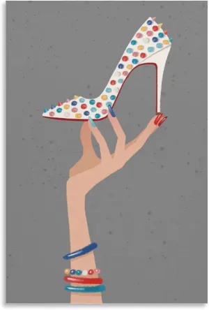Fashion high heels canvas painting of hand wearing colorful bracelet holding rainbow white bottom high heels ladies room wall art decoration 16x24inch(40x60cm) unframed