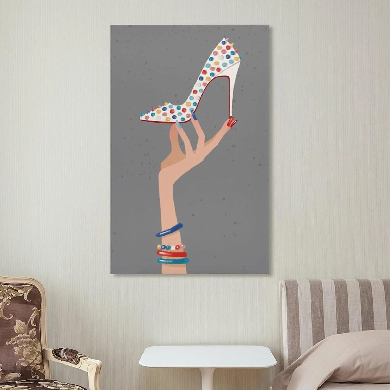 Fashion high heels canvas painting of hand wearing colorful bracelet holding rainbow white bottom high heels ladies room wall art decoration 16x24inch(40x60cm) unframed