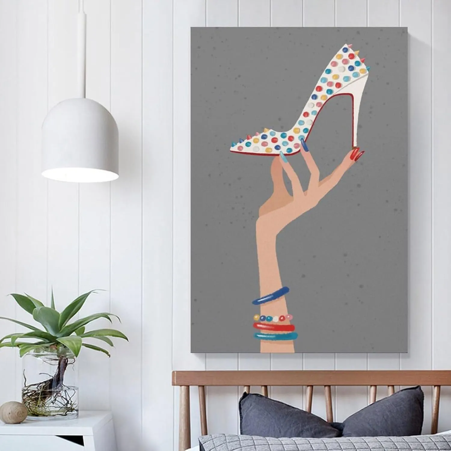 Fashion high heels canvas painting of hand wearing colorful bracelet holding rainbow white bottom high heels ladies room wall art decoration 16x24inch(40x60cm) unframed