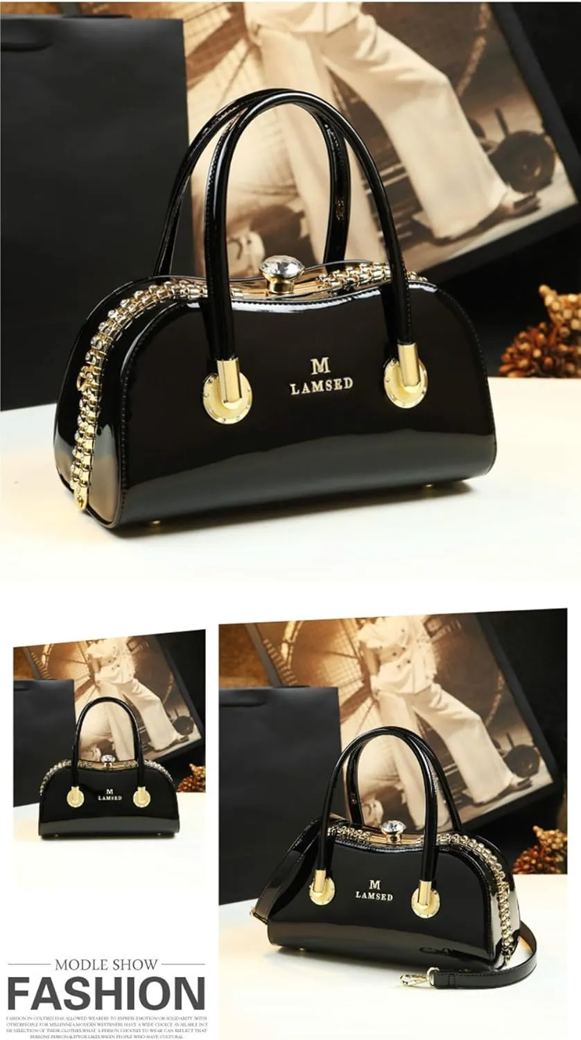 Fashion Leather Wedding Bag for Women's Top Handle Satchel Crossbody Handbags Crystal Evening Bag Purses Hard Shoulder Bags