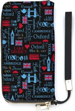 Fashion London Theme Women's Leather Long Large Capacity Wallet Clutch Wallet with Hand Strap, 20x10.5cm, style-18-4