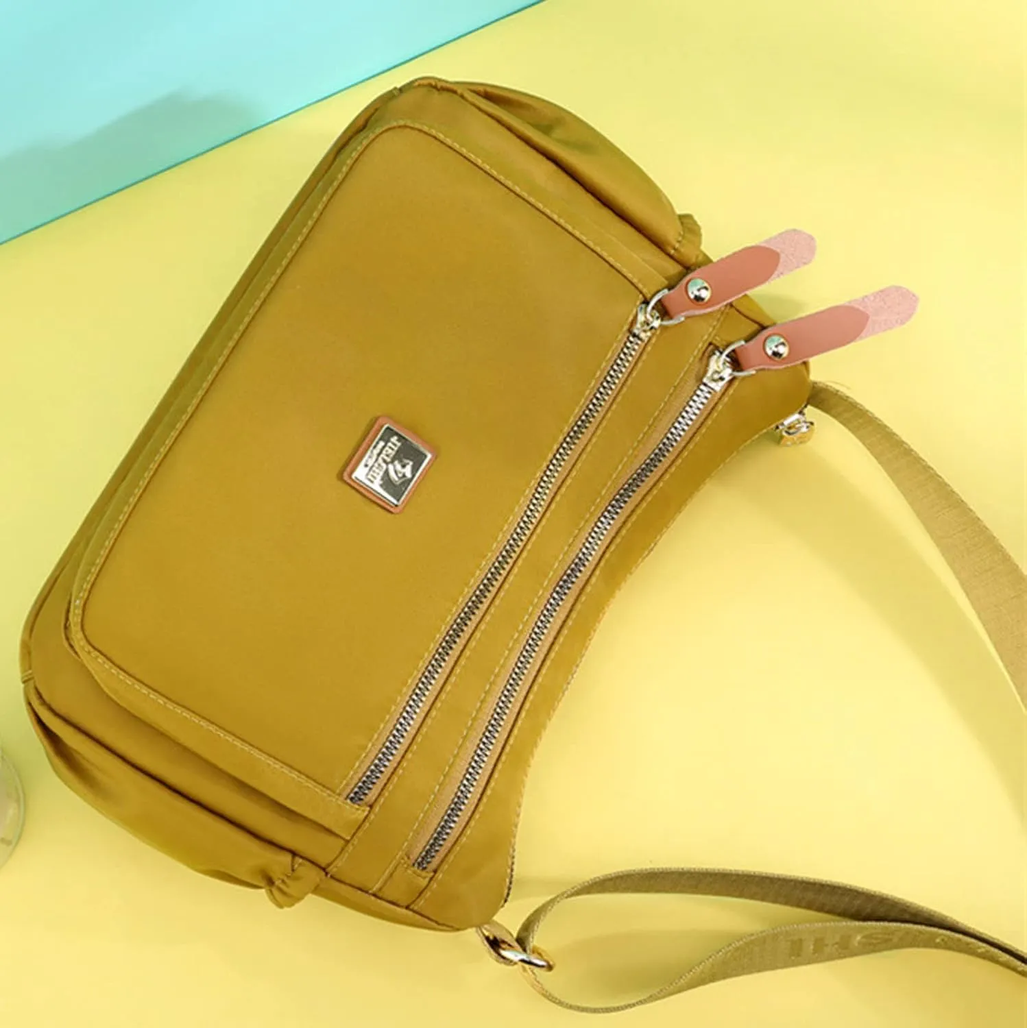 Fashion Multicolor Nylon Fabric Large Capacity Zipper Adjustable Shoulder Strap Messenger Bag Leather (Yellow, One Size)