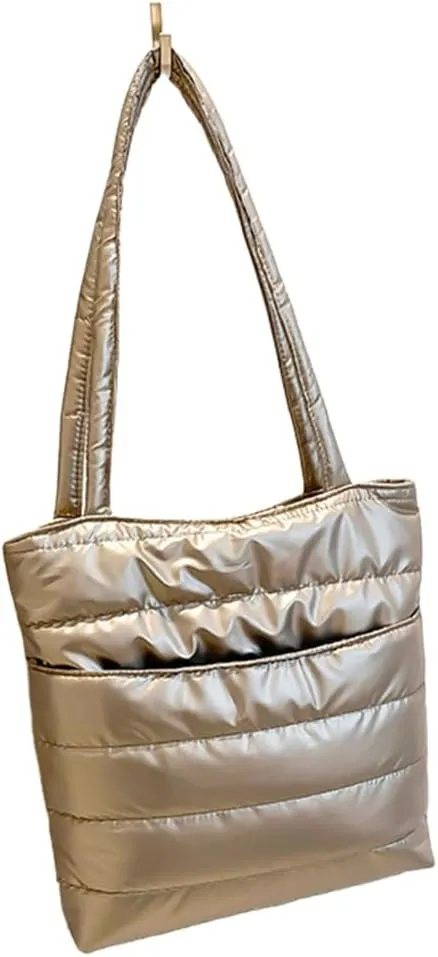 Fashionable Quilted Cotton Padded Shoulder Handbag for Women Spacious Glossy Underarm Bag with Multiple Compartments